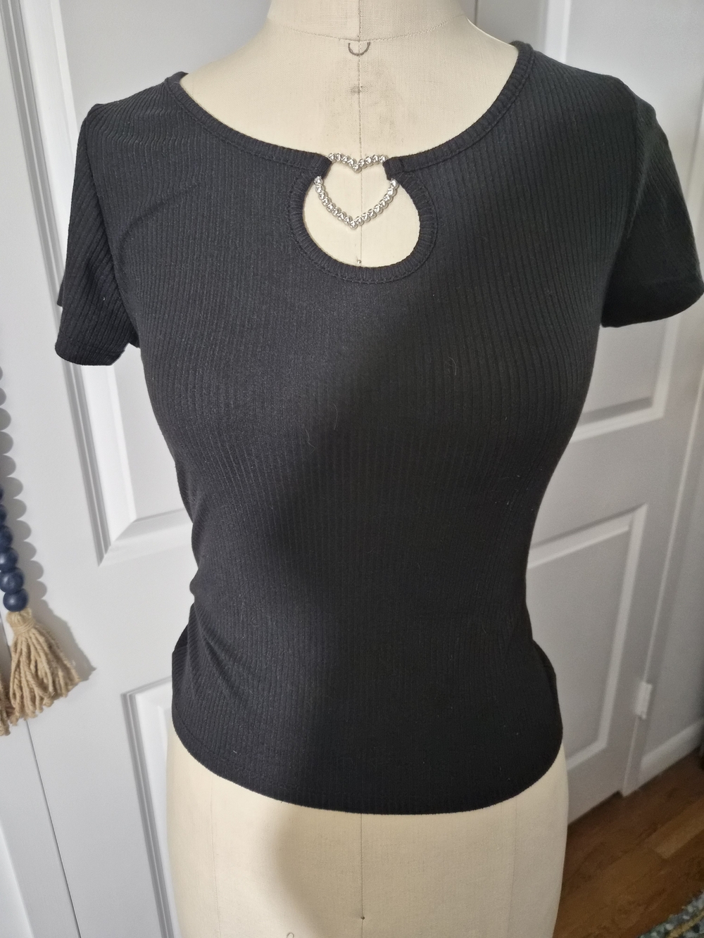 Black Ribbed Short Sleeve Top with Heart Chain Cutout